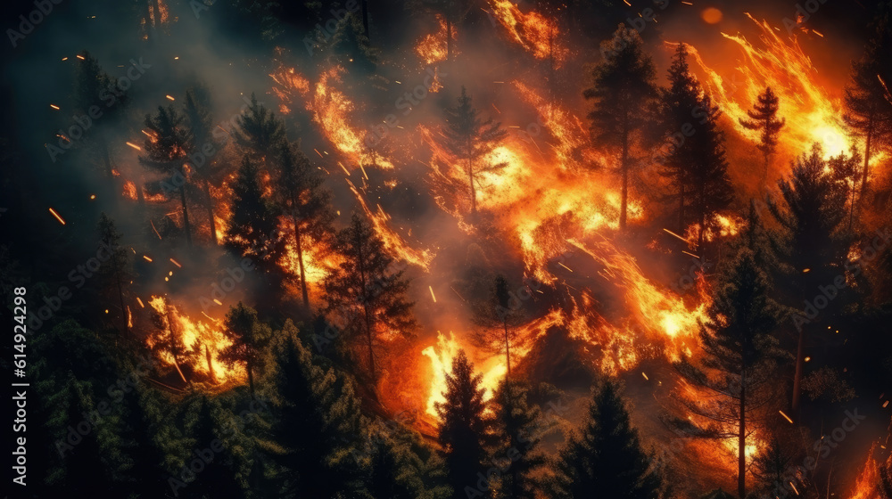 Forest fire at night, view from above Forest fire at night, view from above