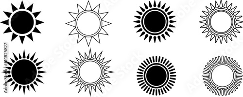 black white sun icon set.outline silhouette sun icon
