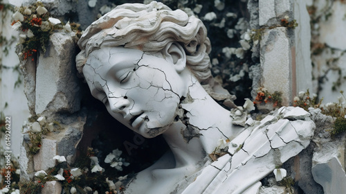 Damaged statue of young woman, head of broken female sculpture