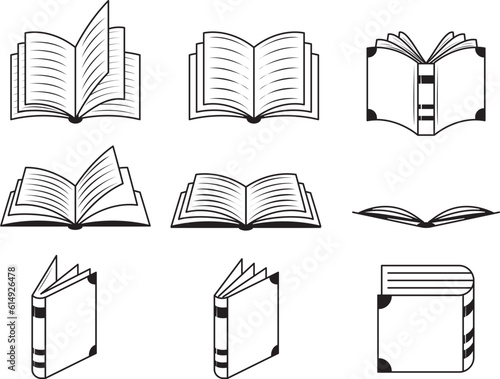 Open book side perspective vintage hand drawing icons collection,  minimal side retro books notebook on the side outline classic learning icon set, icon sheets digital art