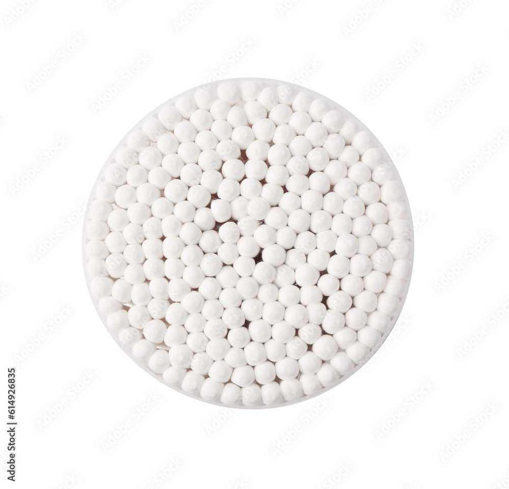 Cotton buds in plastic container isolated on white, top view Cotton buds in plastic container isolated on white, top view