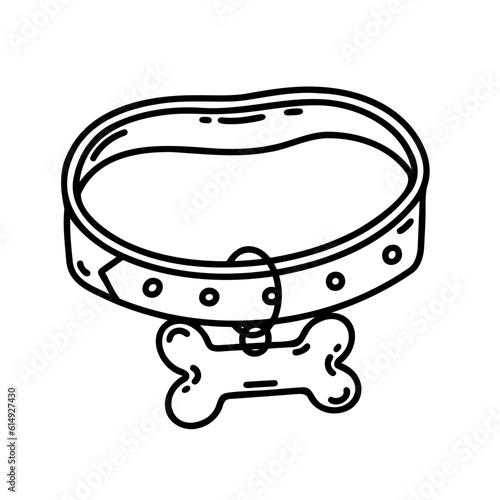 Pet collar vector icon. Leather accessory for a dog or a cat with a bone. Black and white doodle isolated on white. Simple sketch, line art. Cartoon clipart for logo, posters, print, web