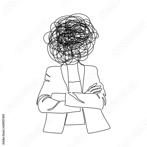 Continuous one line drawing of woman with confused messy feelings worried about bad mental health. Work burnout and anxiety concept in simple linear style. Editable stroke. Vector illustration