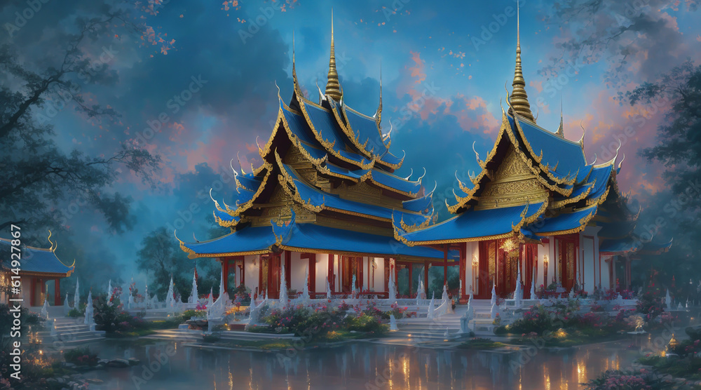 Fototapeta premium As the sun sets and casts a warm, golden glow upon the landscape a beautiful temple emerges majestically amidst the serene embrace of nature, exuding an aura of tranquility and spirituality.