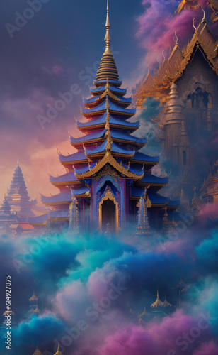 The enchanting scene showcases a magnificent temple enveloped in ethereal, colorful smoke that creates an otherworldly ambiance, reminiscent of a heavenly realm.