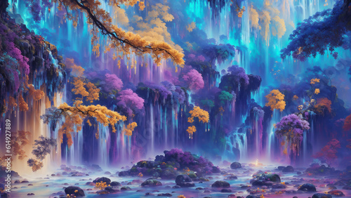 In this stunning illustration, a cascading waterfall takes center stage, with its pristine waters flowing down rocks, surrounded by colorful trees.