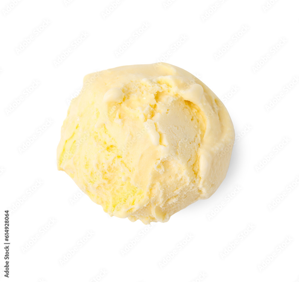 Scoop of delicious vanilla ice cream isolated on white, top view