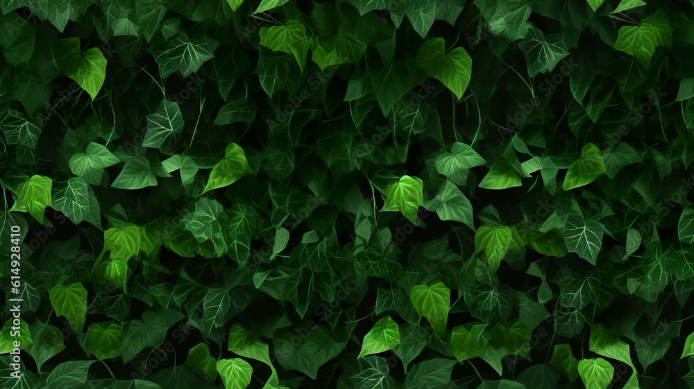Green wall in the garden with natural background fresh leaves and foliage as a background of nature and landscaping. Wall completely covered lush green plant. Realistic 3D illustration. Generative AI Green wall in the garden with natural background fresh leaves and foliage as a background of nature and landscaping. Wall completely covered lush green plant. Realistic 3D illustration. Generative AI