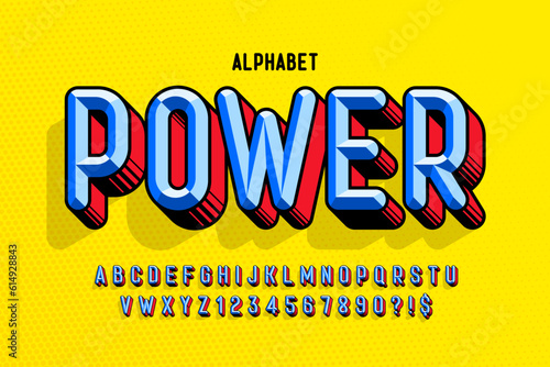 Trendy 3d chisel comical design, colorful alphabet, typeface.