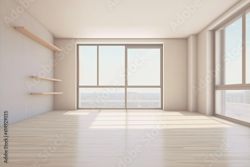 Empty room with white walls and floor, apartment with panoramic windows. Minimalist design