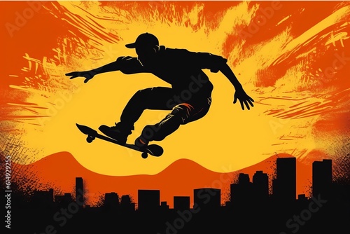 Silhouette of a skateboarder doing tricks. Generative AI © August