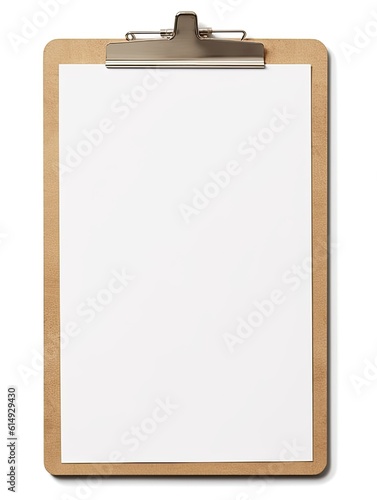 Mockup of wooden clipboard with blank paper isolated in white, isolated design element