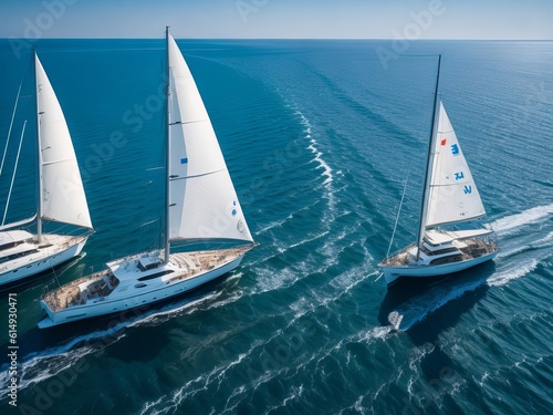 Regatta sailing ship yachts with white sails at opened sea. Aerial view. Generative AI