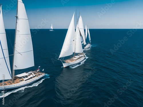 Regatta sailing ship yachts with white sails at opened sea. Aerial view. Generative AI