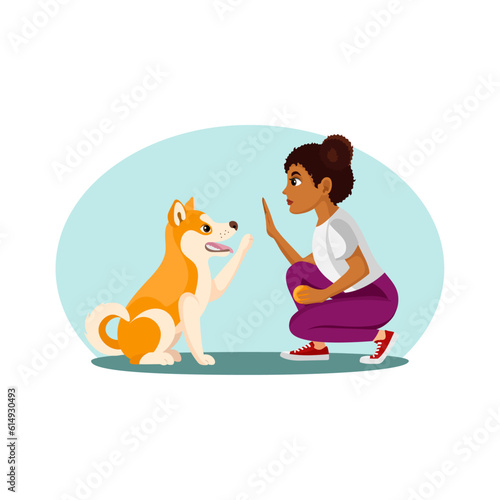 Akita dog giving five to the girl with dark skin. Flat vector illustration isolated on white background	