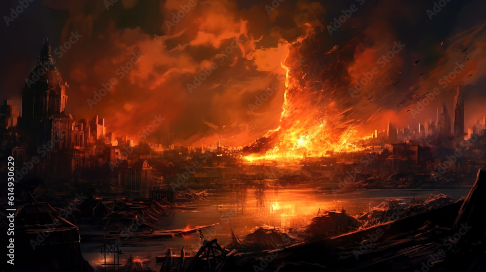 Obraz premium Fierce warzone illustration, ravaging fire and explosive turmoil dominate, depicting the destructive chaos of a violent conflict