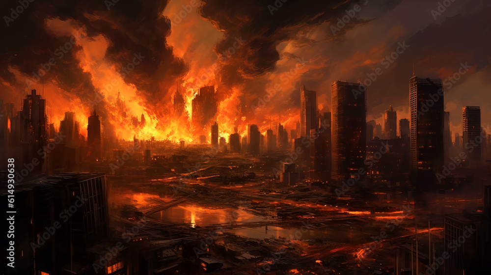 Fierce warzone illustration, ravaging fire and explosive turmoil dominate, depicting the destructive chaos of a violent conflict