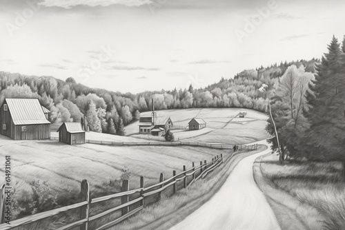 Monochromatic graphite drawing of countryside Vermont with a wooden red barn and country road. Generative AI photo