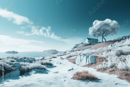Simple blue and white landscape artwork. Generative AI