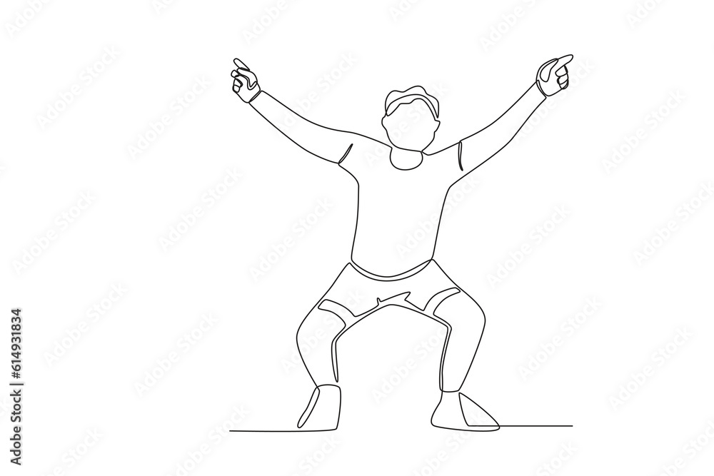 A happy man bent his legs and raised his hands. World youth day one-line drawing