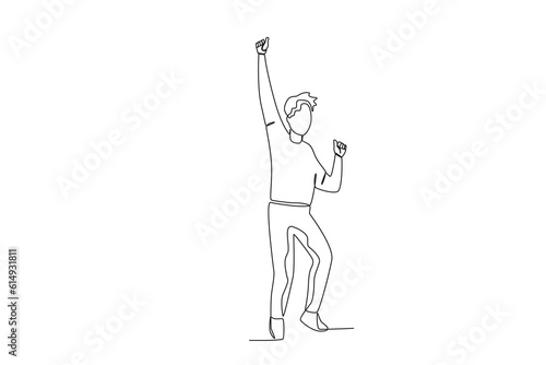 A man raises his hand at the festival. World youth day one-line drawing