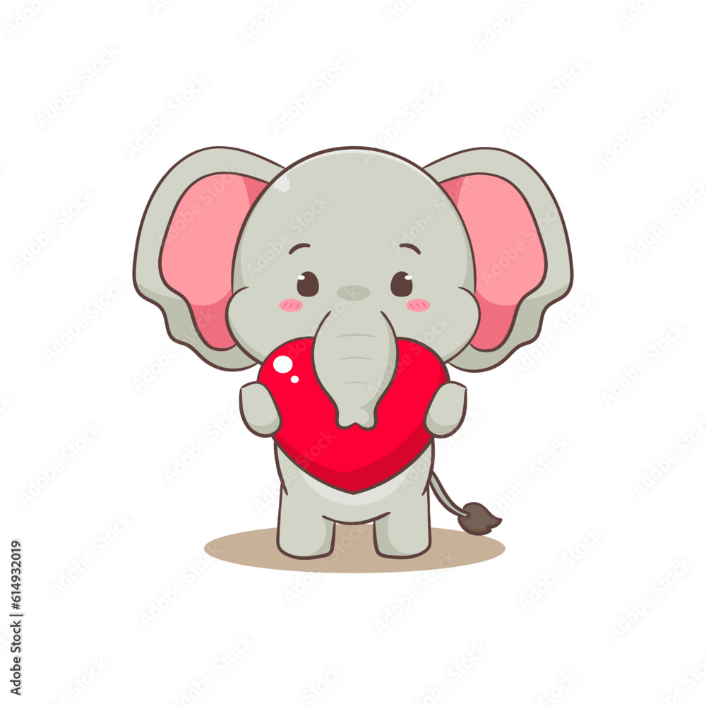 Obraz premium Cute elephant cartoon character holding red love heart. Adorable animal concept flat design. Isolated white background. Vector art illustration.