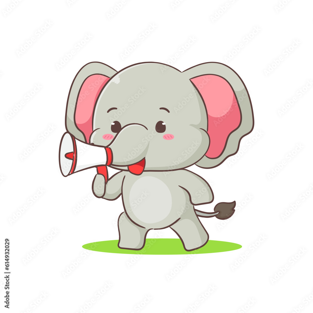 Cute elephant cartoon character holding megaphone. Adorable animal concept flat design. Isolated white background. Vector art illustration. Cute elephant cartoon character holding megaphone. Adorable animal concept flat design. Isolated white background. Vector art illustration.