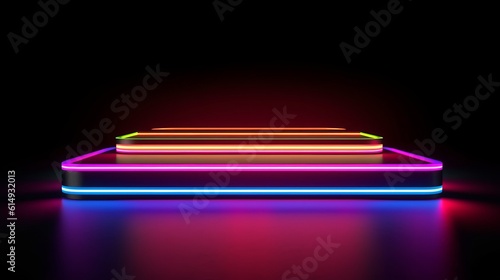 abstract concept of a 3d render of a futuristic colorful neon rgb led lights stage podium on dark black background. stair levels going up. Generative AI © SayLi