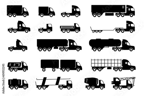 Set of vector flat icons different types of trucks photo