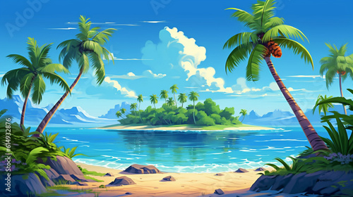 beach with palm trees and sky. Sandy tropical beach with palm trees. Generative AI