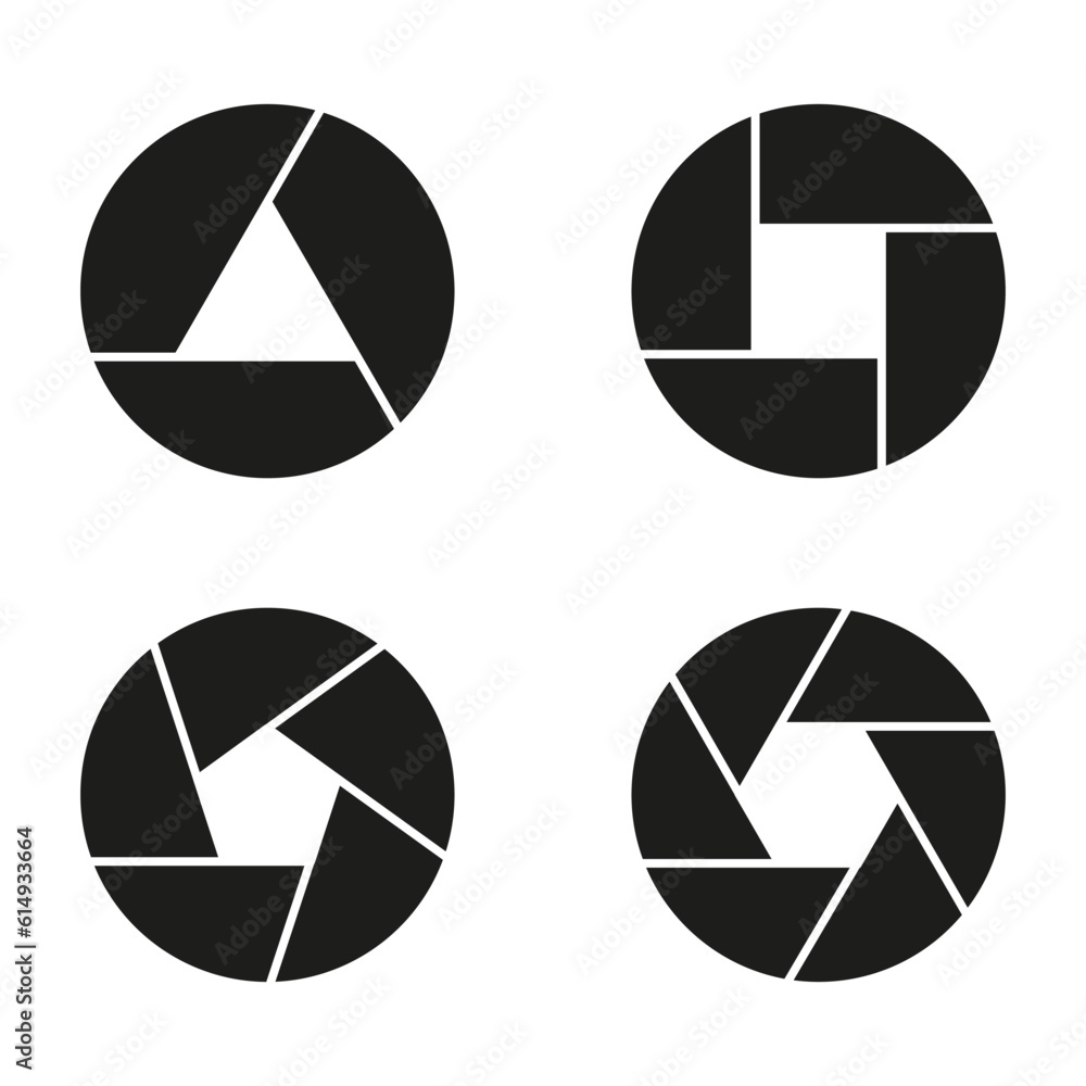 Simple camera shutter silhouettes. Aperture, shutter symbol. Camera lens focus icon. Vector illustration. stock image.