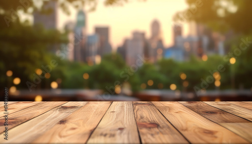 Wooden table in front of NYC  background  Generative AI