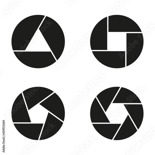 Simple camera shutter silhouettes. Aperture, shutter symbol. Camera lens focus icon. Vector illustration. stock image.
