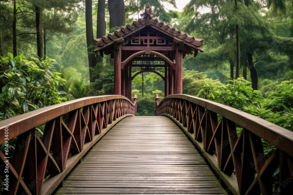 A wooden bridge over a green tree filled forest A wooden bridge over a green tree filled forest