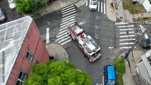 Aerial view of FDNY fire fighting vehicle on the residential neigbourhood of St. Staten Island, New York, United States photo