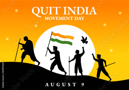 Quit India Movement Day Vector Illustration on 9 August with Indian Flag and People Silhouette in Flat Cartoon Hand Drawn Background Templates