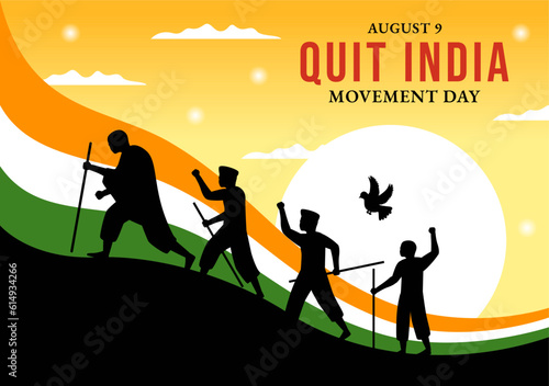 Quit India Movement Day Vector Illustration on 9 August with Indian Flag and People Silhouette in Flat Cartoon Hand Drawn Background Templates