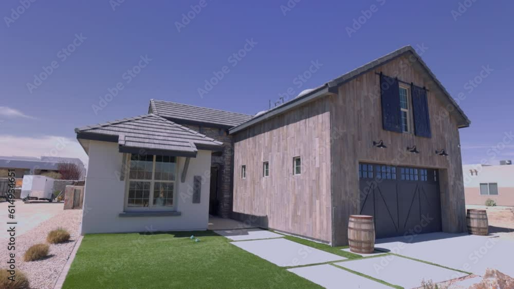 Southwest Barn Style Home Exterior Unique Rotating Left. slow motion spinning front façade of a unique southwestern home exterior Southwest Barn Style Home Exterior Unique Rotating Left. slow motion spinning front façade of a unique southwestern home exterior