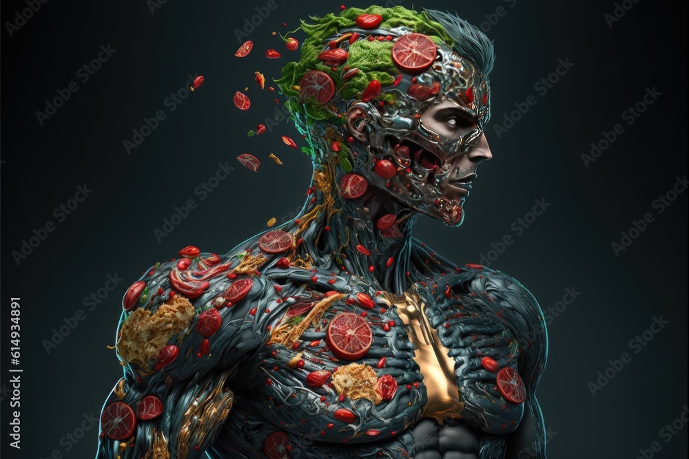 Cyborg with fruits on body. Portrait. Side view. Medium shot. Superhero theme. Cyborg with fruits on body. Portrait. Side view. Medium shot. Superhero theme.