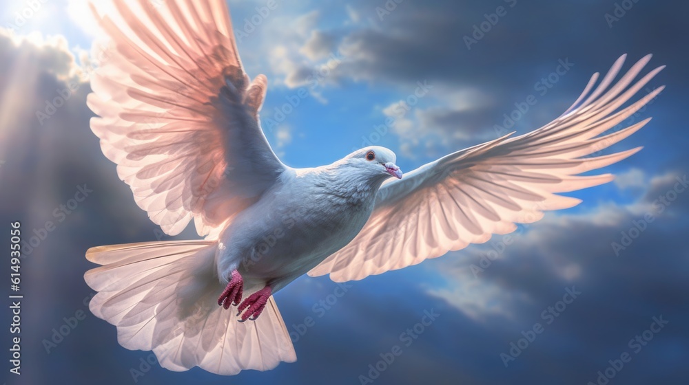 Obraz premium a dove flying towards a beam of celestial light generative ai