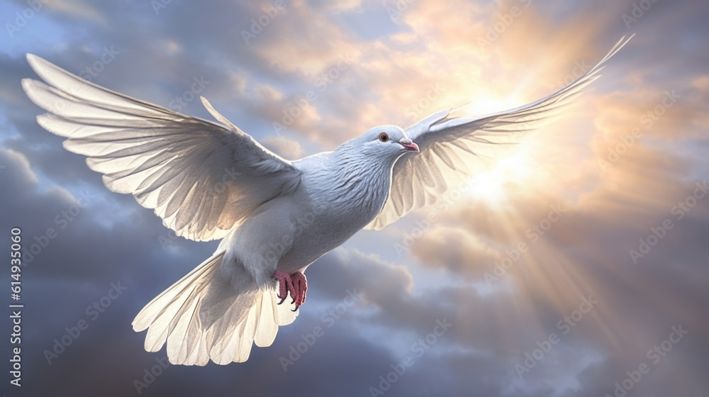 Obraz premium a dove flying towards a beam of celestial light generative ai