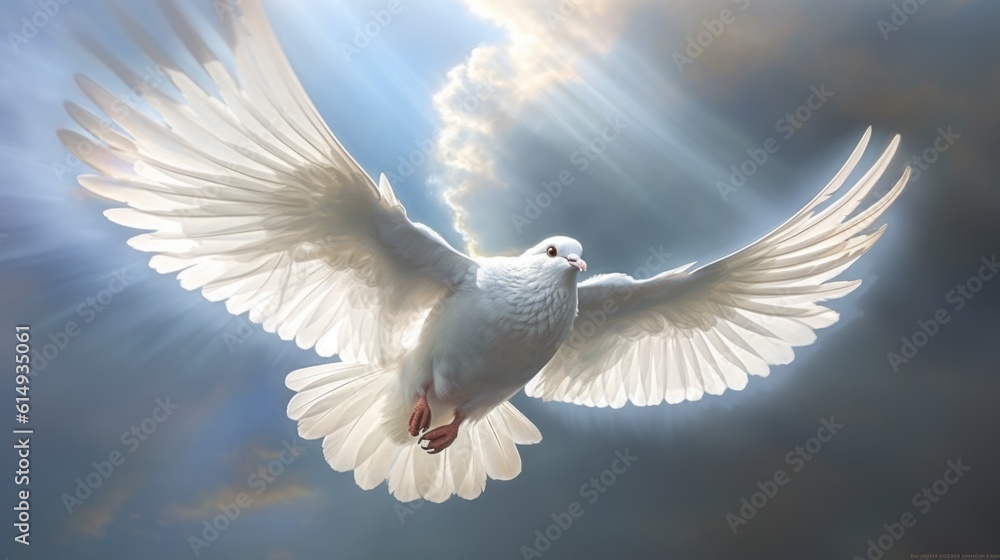 Fototapeta premium a dove flying towards a beam of celestial light generative ai
