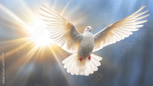 a dove flying towards a beam of celestial light generative ai