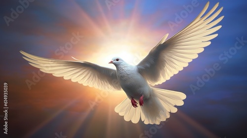 a dove flying towards a beam of celestial light generative ai © ThisDesign