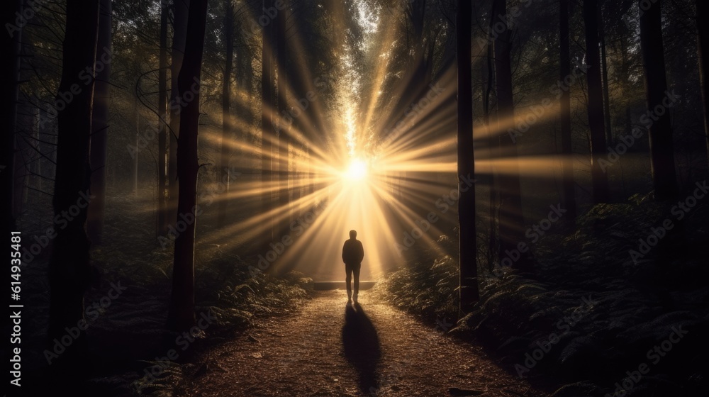 person walking on a path through a dense forest generative ai person walking on a path through a dense forest generative ai