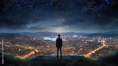 person standing on a hilltop, looking out at a cityscape under a starry sky generative ai