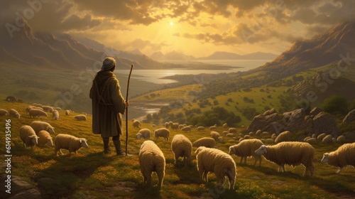 Photo a shepherd guiding his flock of sheep generative ai
