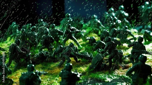 green plastic toy soldiers advancing under heavy fire generative ai