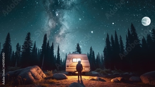 camper gazing at the stars in an alien landscape generative ai