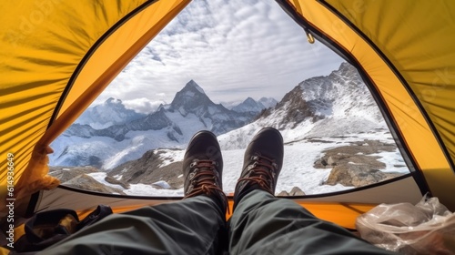 hiker resting in a tent on Mount Everest generative ai